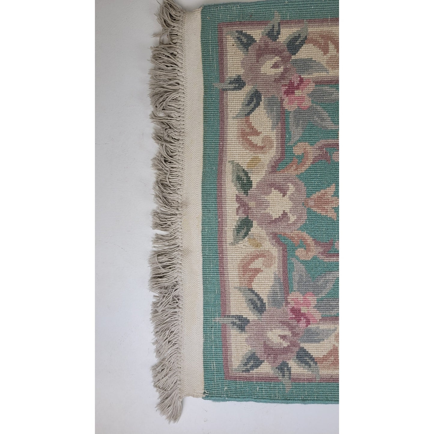 Vintage Aubusson-Style Wool Rug Green w Pink Floral Scrollwork 56" x 27"