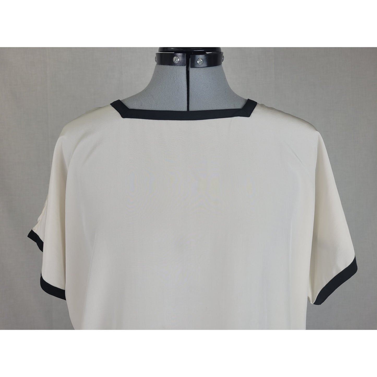 Vintage Christian Dior Ivory Silk Blouse Black Trim Square Neckline Sz S/M