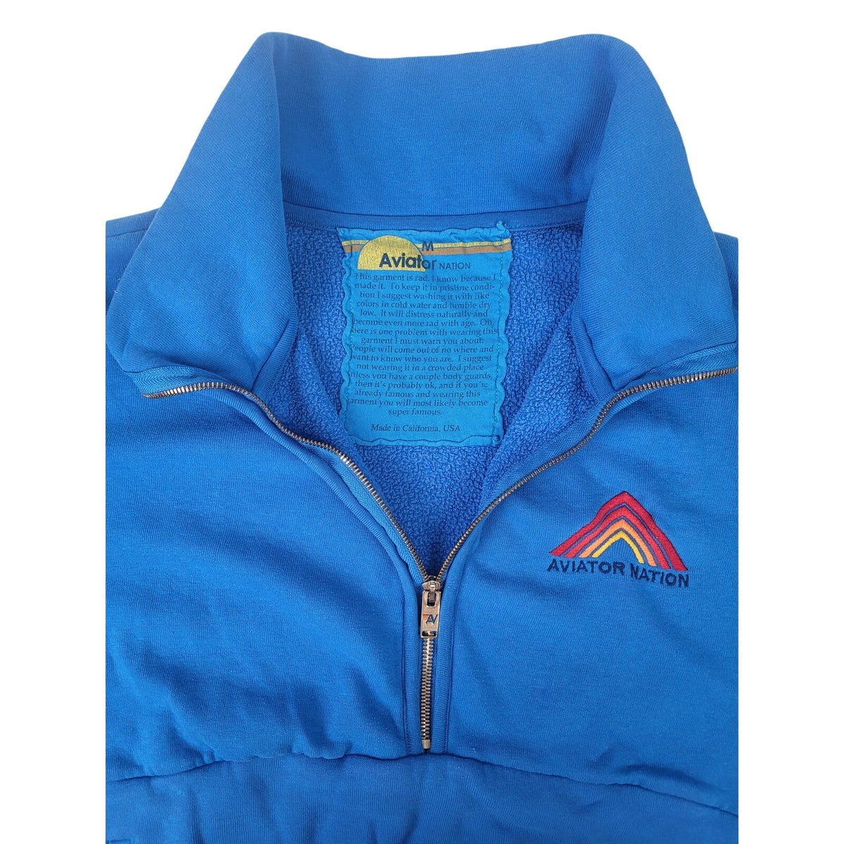 Aviator Nation Mountain Embroidery Half Zip Sweatshirt Ocean Blue Sz M