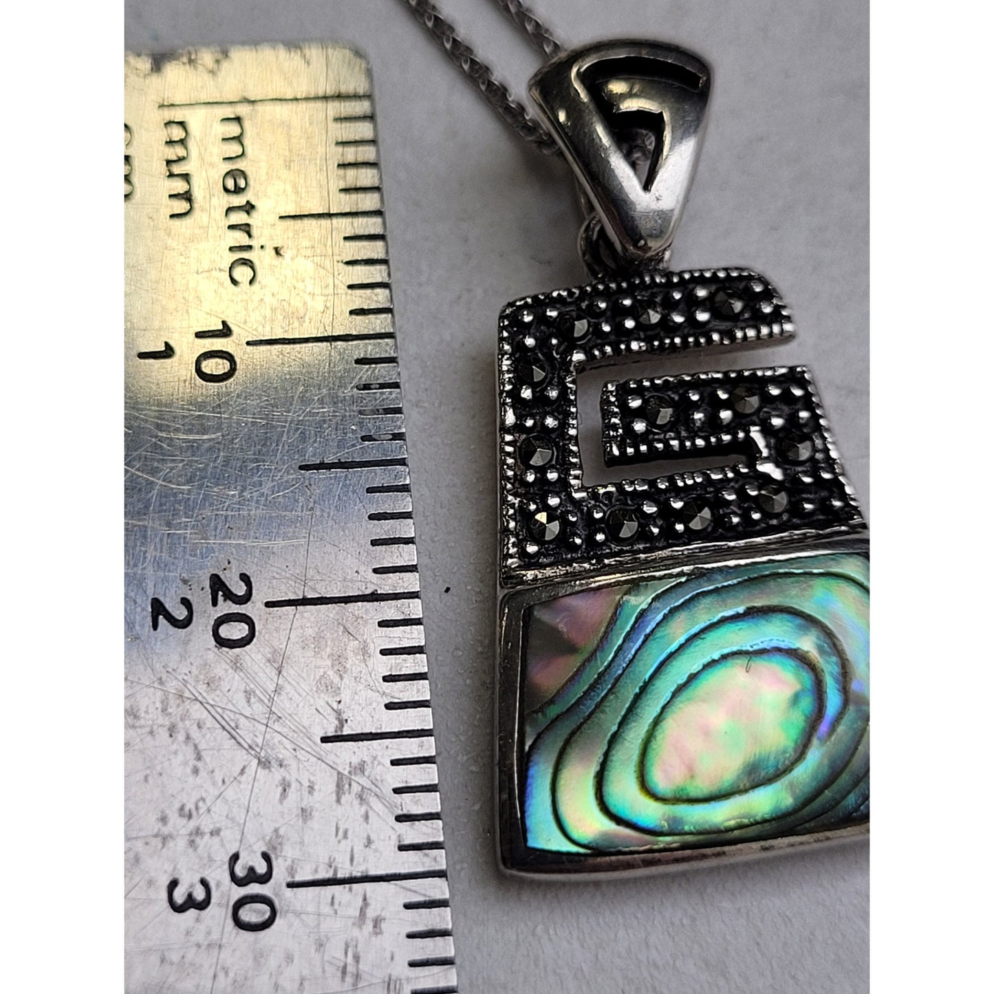 Sterling Silver Abalone Shell Black Marcasite 30mm Pendent Adjustable 925 Chain