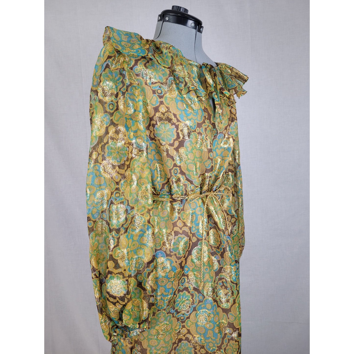 Vintage 1960-70s Adele Simpson Sheer Dress Metallic Fabric Belted Sz S/M