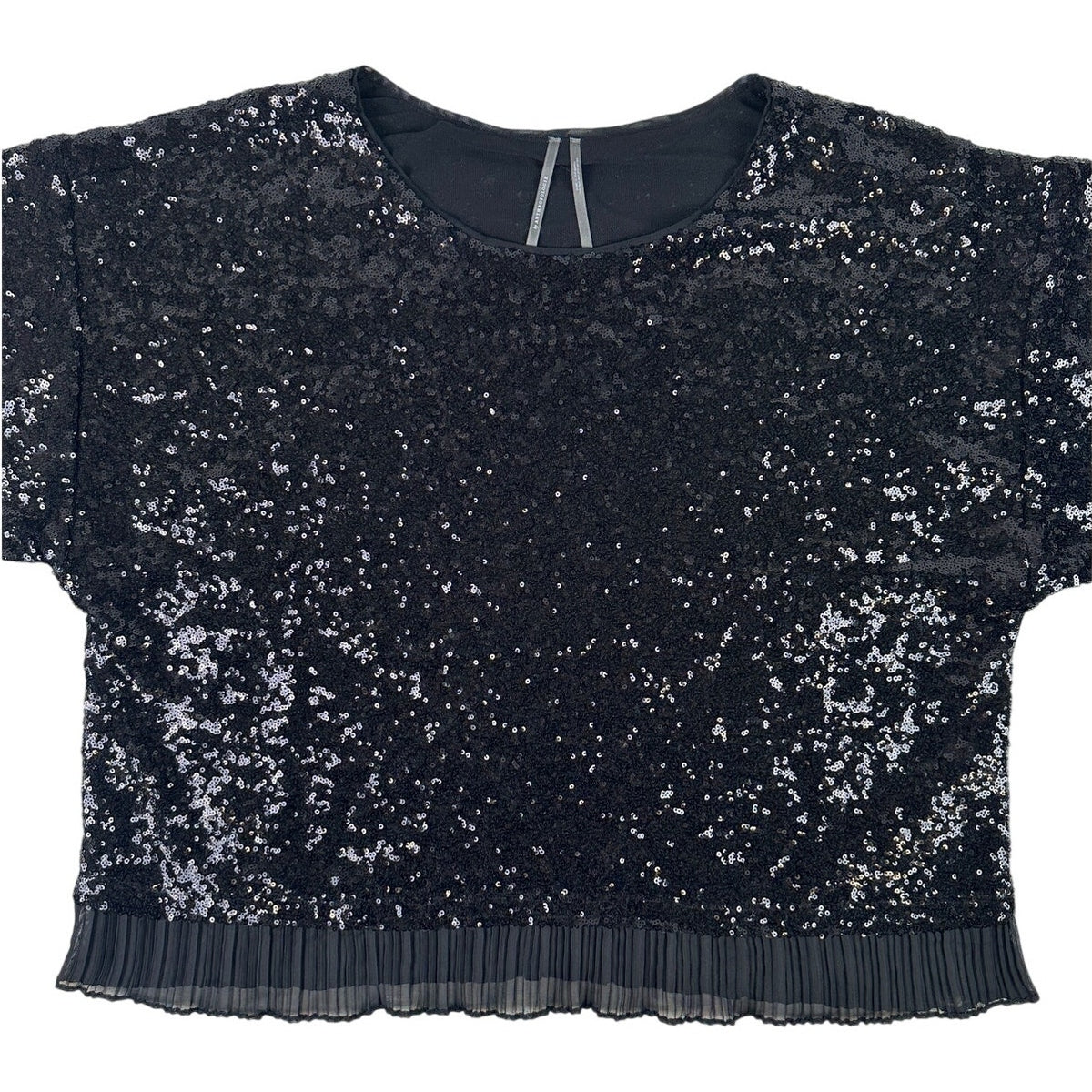 Anthropologie Black Sequined Short Sleeve Top with Pleated Trim Women's Sz XL