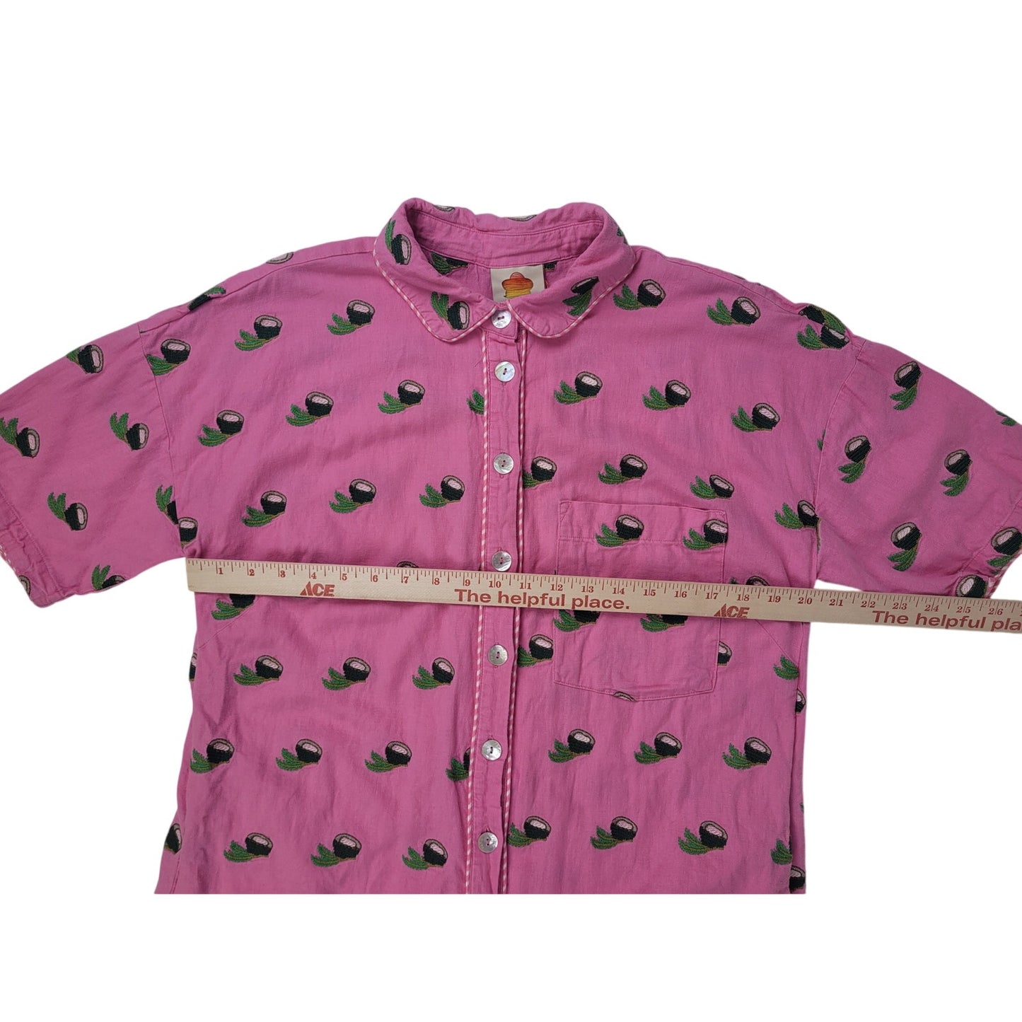 FARM Rio Cross Stitch Coconut Romper Pink Mother-of-Pearl Buttons Sz L