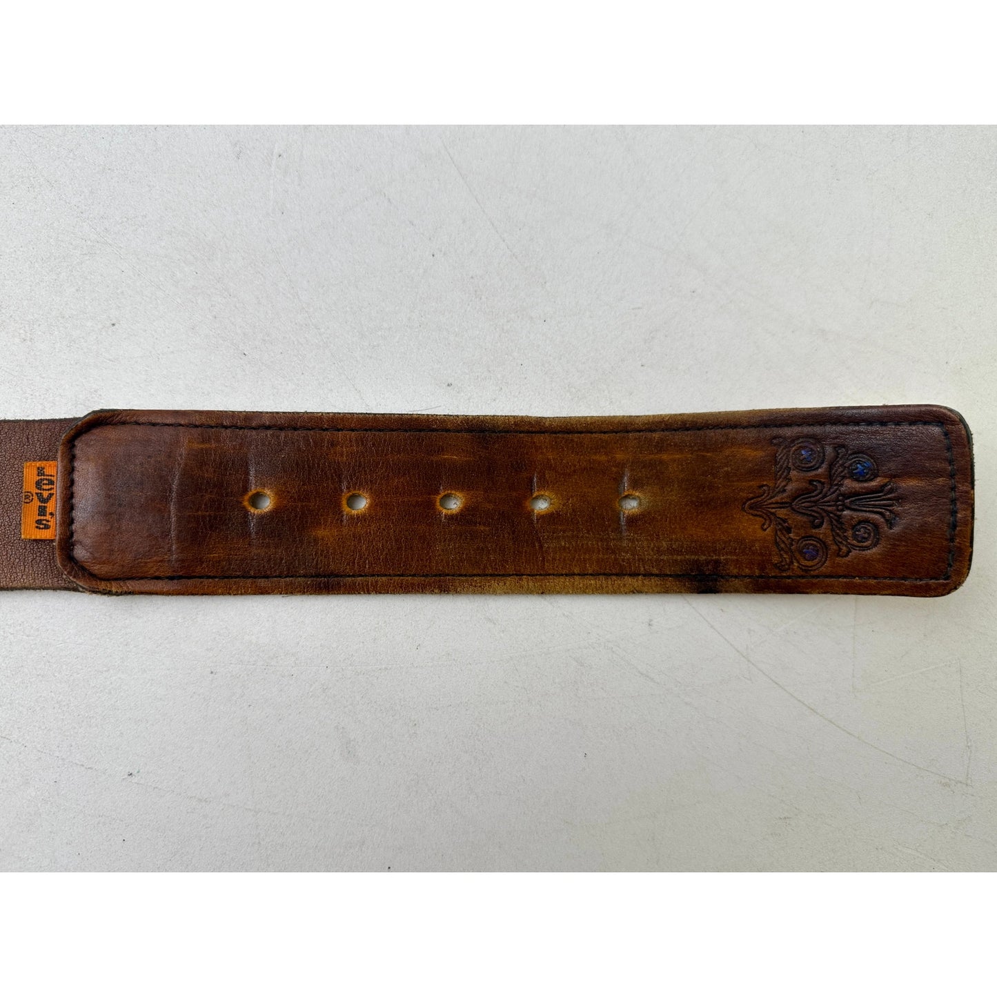 Vintage Levi's Orange Tab Floral Tooled Hand Stained Latigo Leather Belt Sz 34