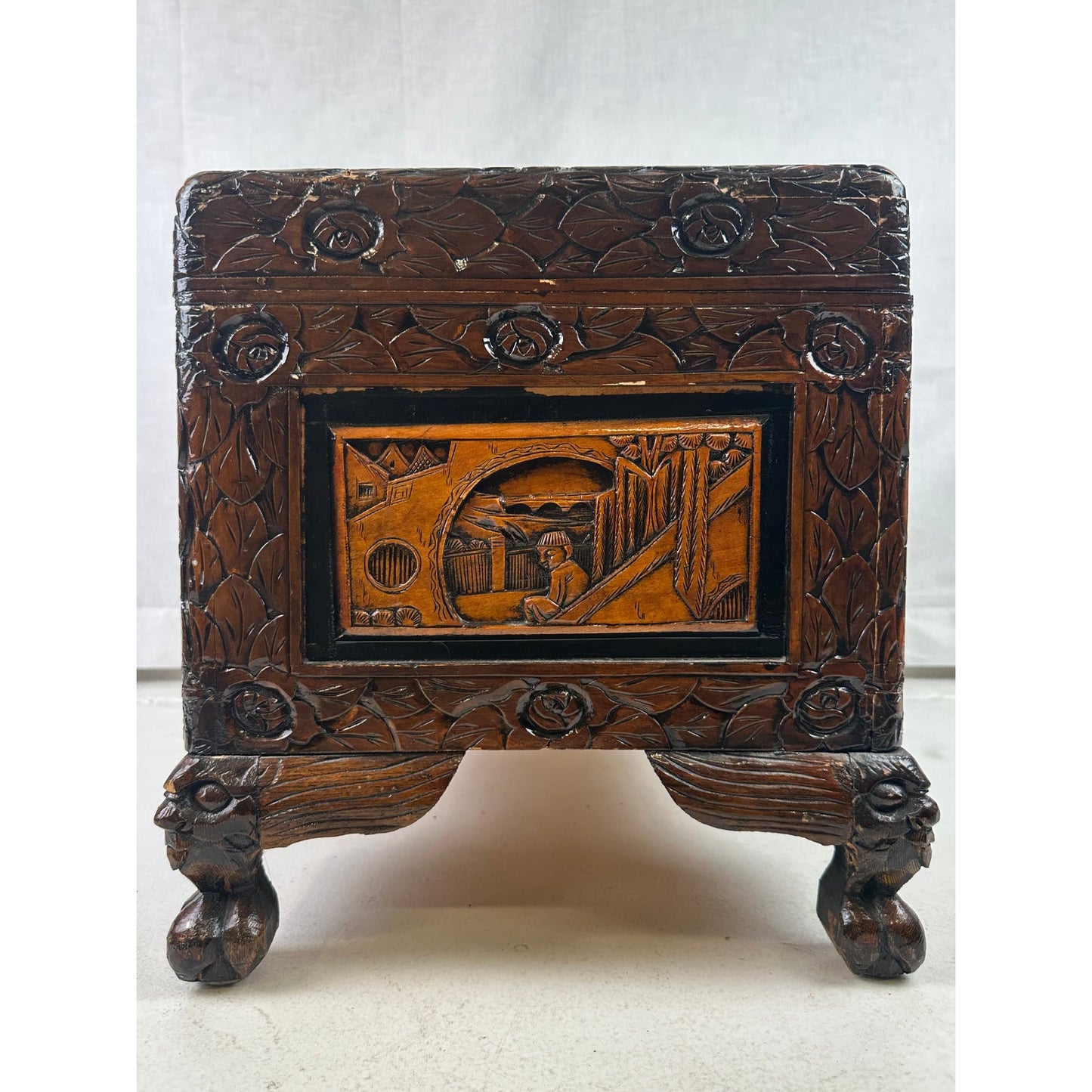 Vintage Hand-Carved Asian Wood Storage Chest