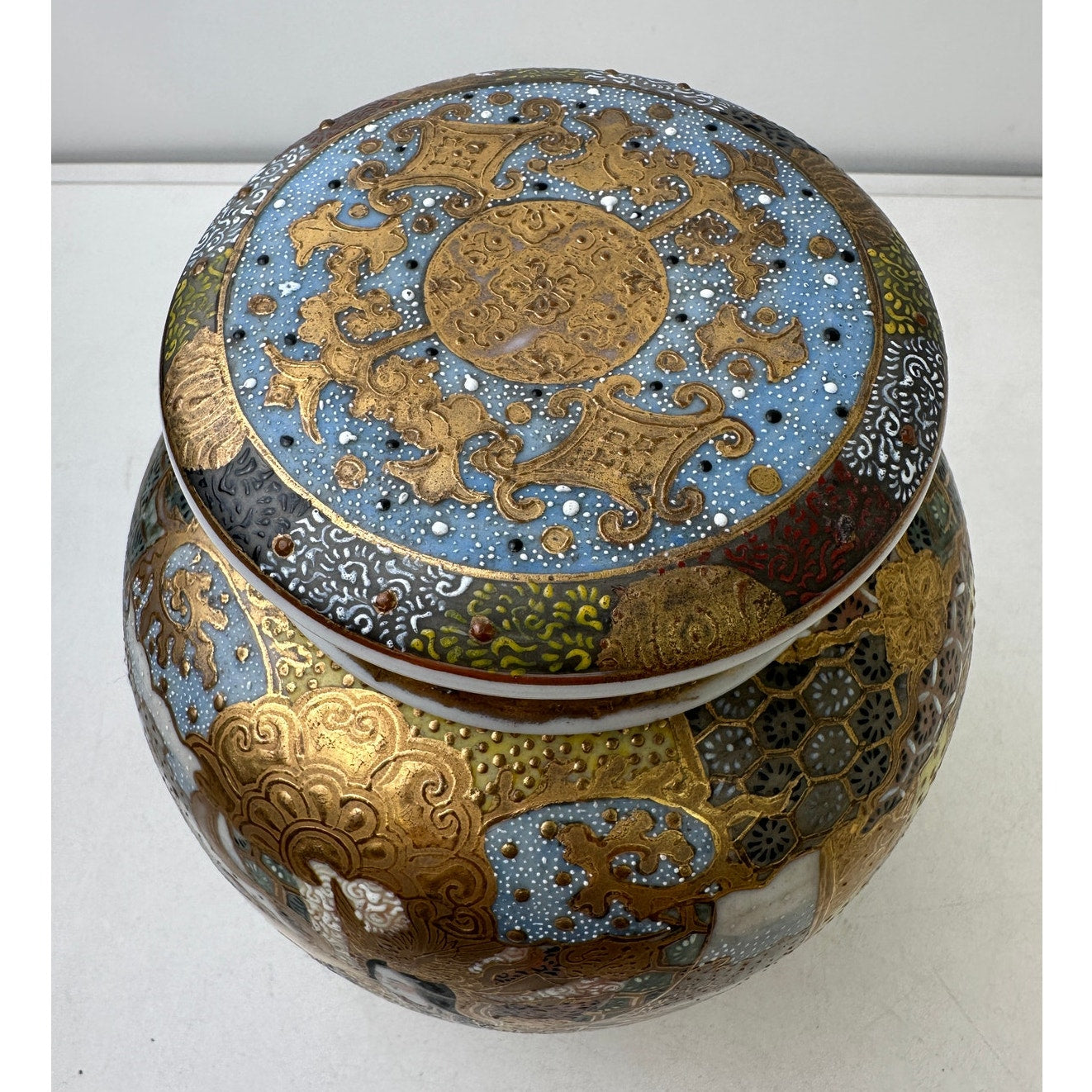 Vintage Japanese Satsuma Moriage Koro Incense Burner W/ Pierced Lid