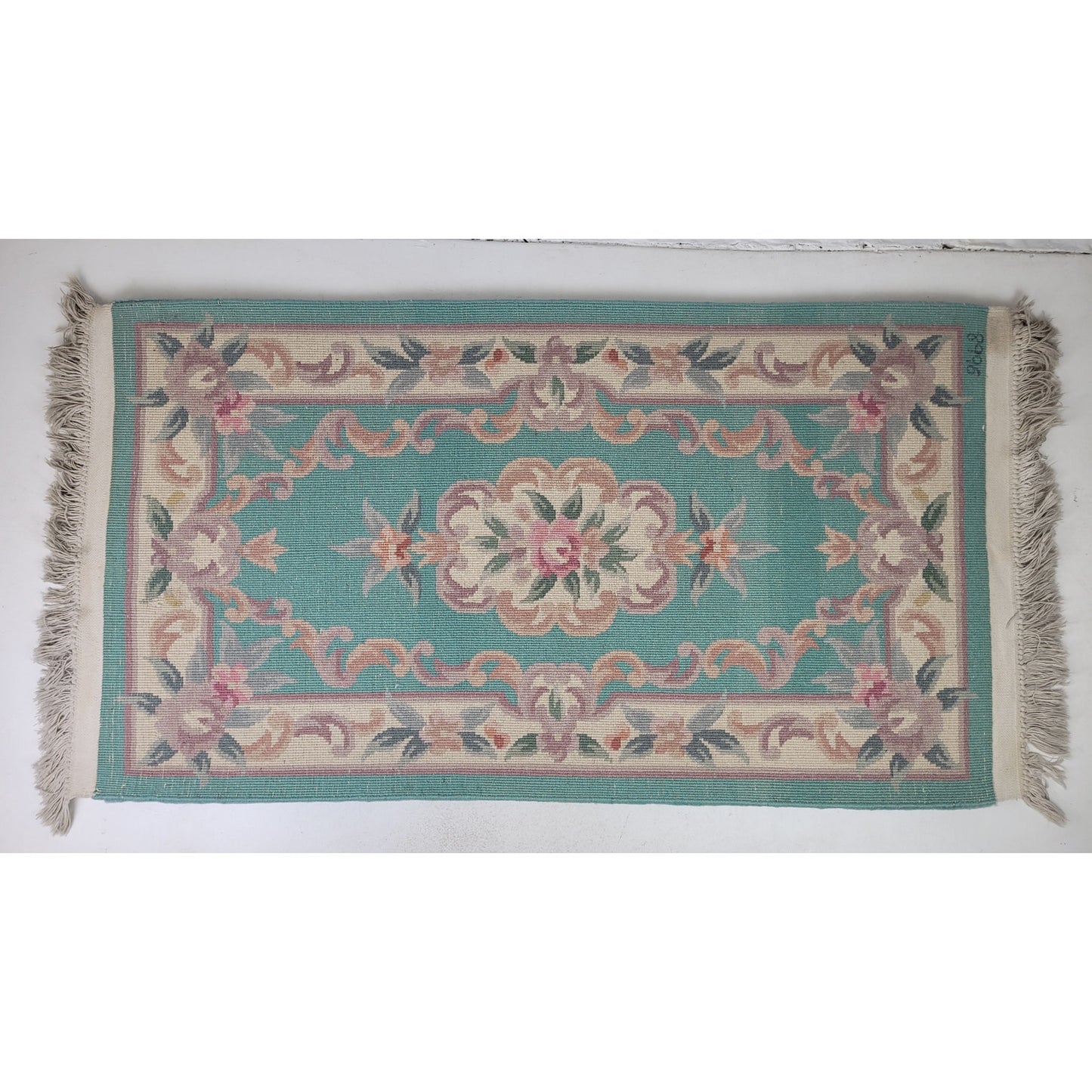 Vintage Aubusson-Style Wool Rug Green w Pink Floral Scrollwork 56" x 27"