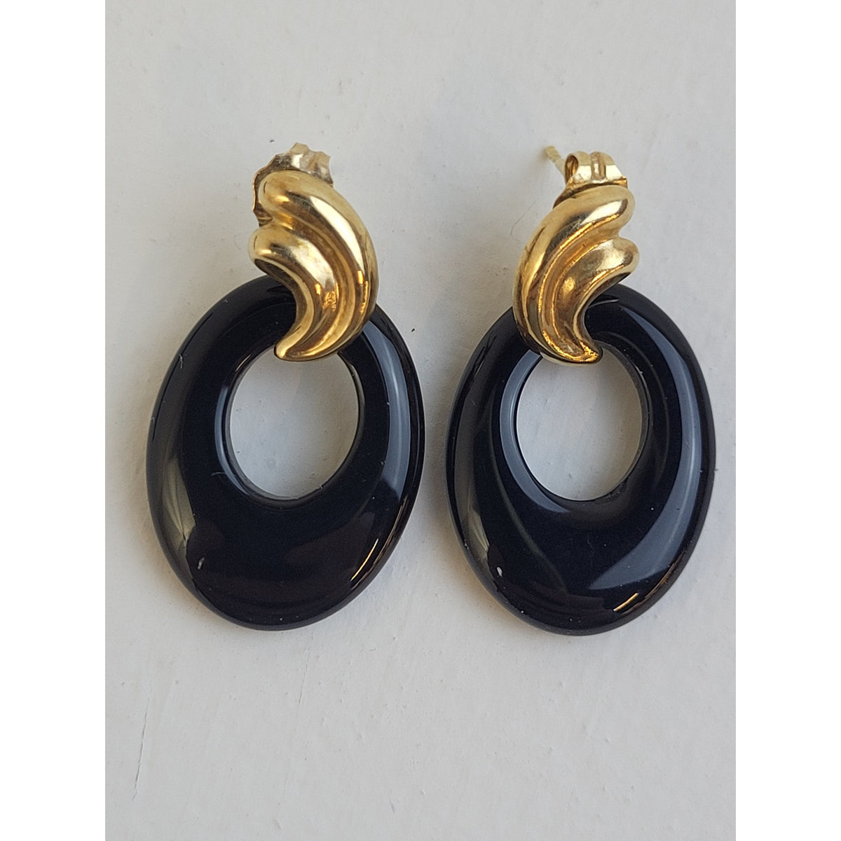 Vintage 14K Yellow Gold & Onyx Drop Dangle Earrings | 27mm Long | 3.19 Grams