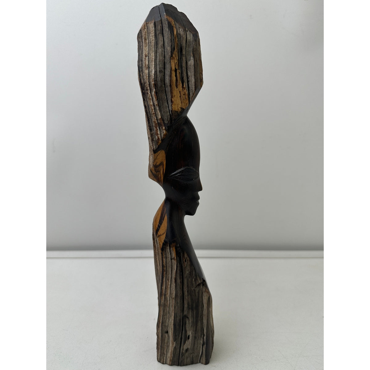 Vintage Hand-Carved Zambian Ebony Wood Two-Tone Tribal Woman Sculpture