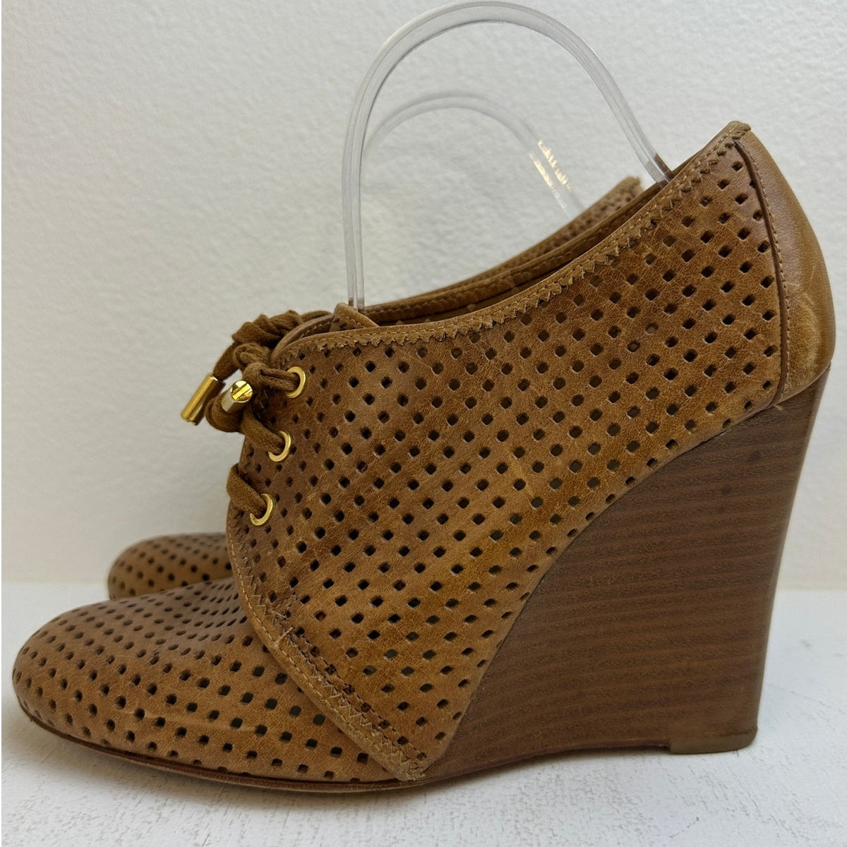 Tory Burch Camel Perforated Leather Victor Lace-Up Wedge Booties Women's Sz 9