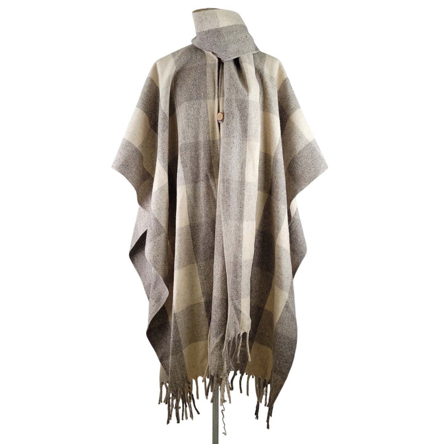 1950s-60s Plaid Wool Cape Poncho Fringe Neck Tie | One Size