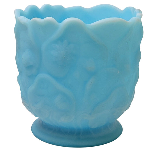 Vintage Fenton Blue Satin Glass Jardiniere Water Lily Pattern Planter