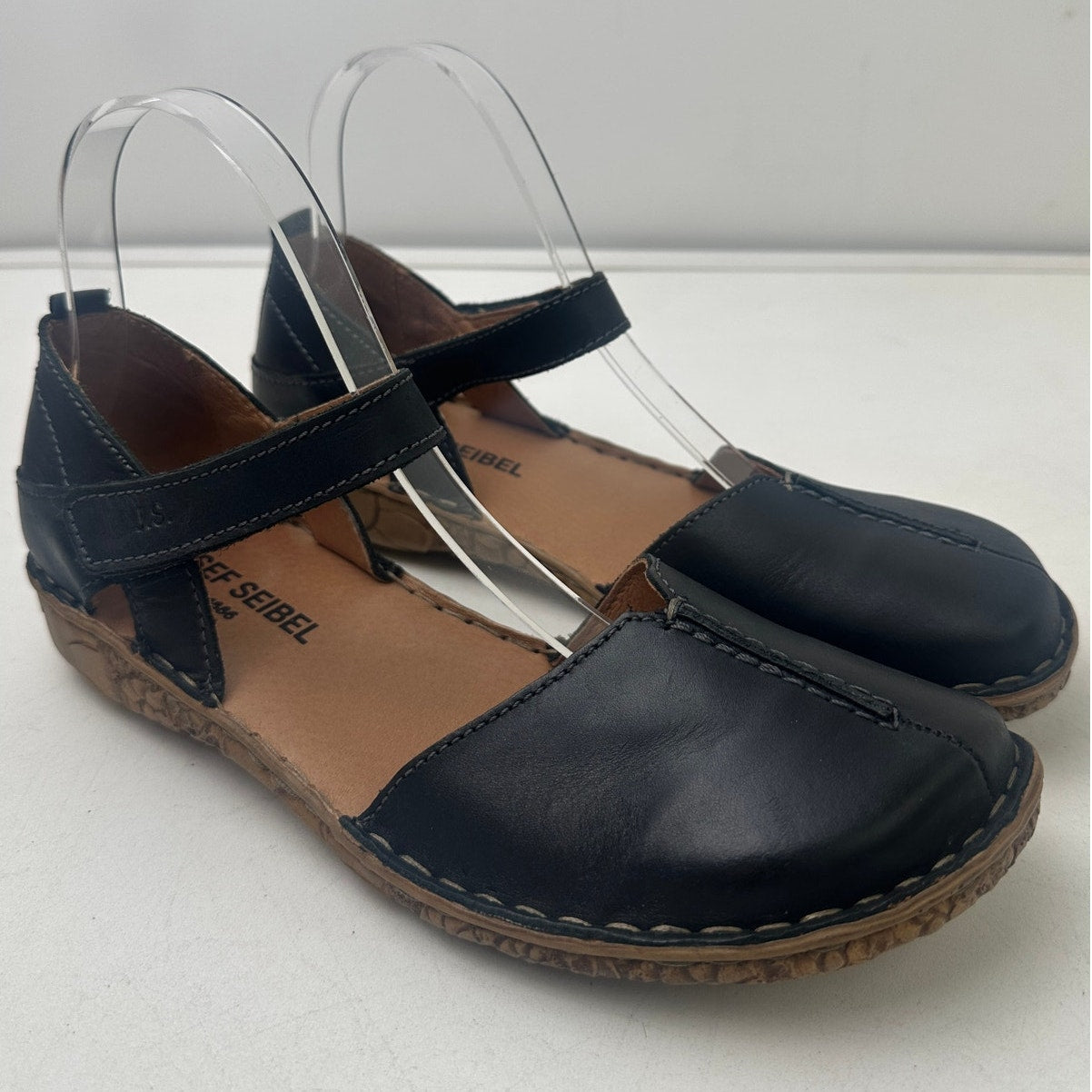 Josef Seibel Black Leather Rosalie 42 Close Toe Mary Jane Sandals Women's Sz 38