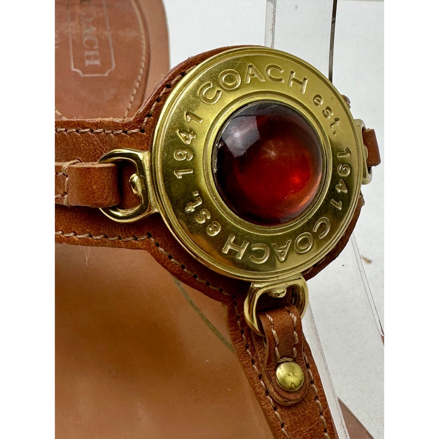 Vintage Coach Leather Kitten Heel Thong Sandal with Amber Medallion Women's Sz 9