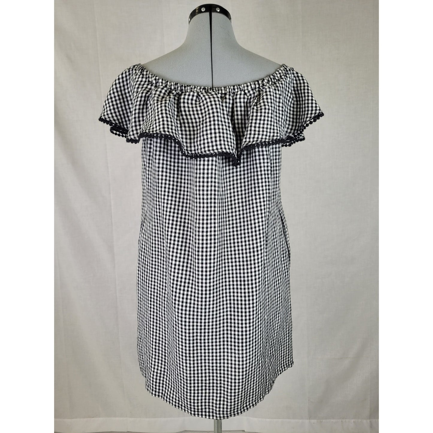 Tommy Bahama Gingham Of-The-Shoulder Ruffle Dress Black & White Linen Blend Sz S