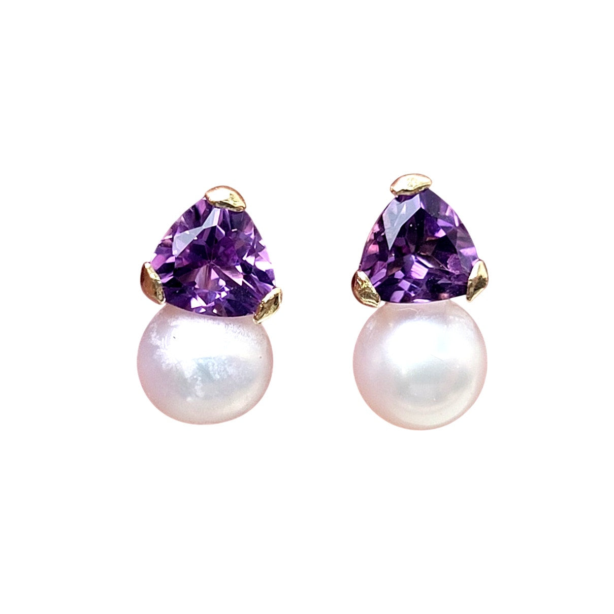 14K Yellow Gold Purple Amethyst & Pearl Drop Earrings 10mm Length