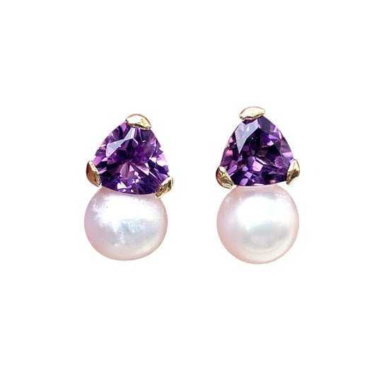 14K Yellow Gold Purple Amethyst & Pearl Drop Earrings 10mm Length