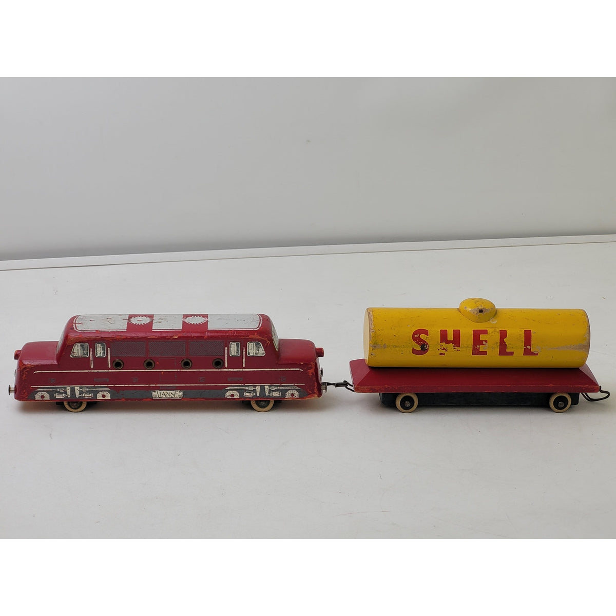 1950s LEGO Hanse Wooden Train Locomotive & Rare 4-Wheel Shell Tanker | Denmark