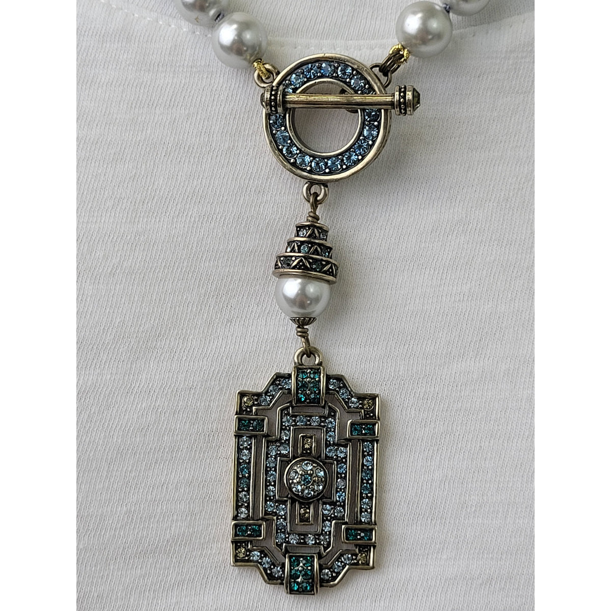 Heidi Daus Classic Edition Art Deco Crystal Necklace Toggle Clasp Faux Pearls