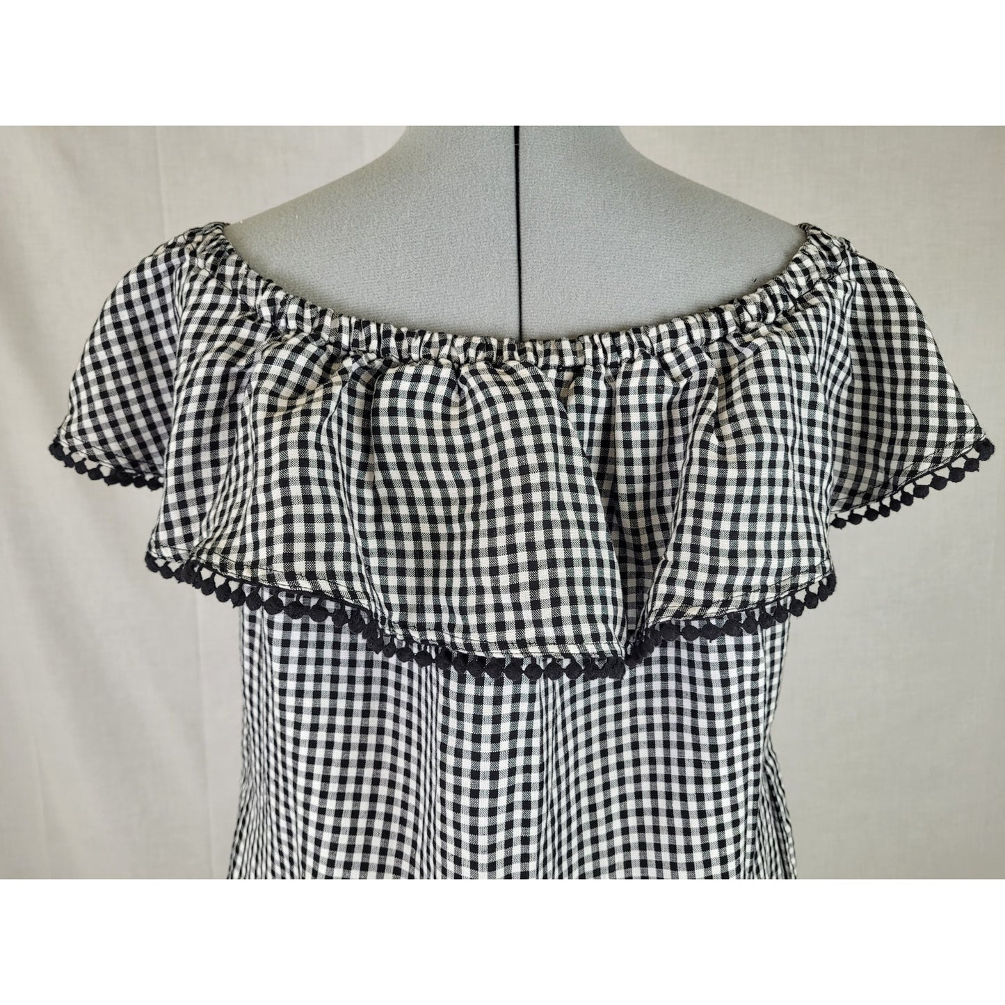 Tommy Bahama Gingham Of-The-Shoulder Ruffle Dress Black & White Linen Blend Sz S