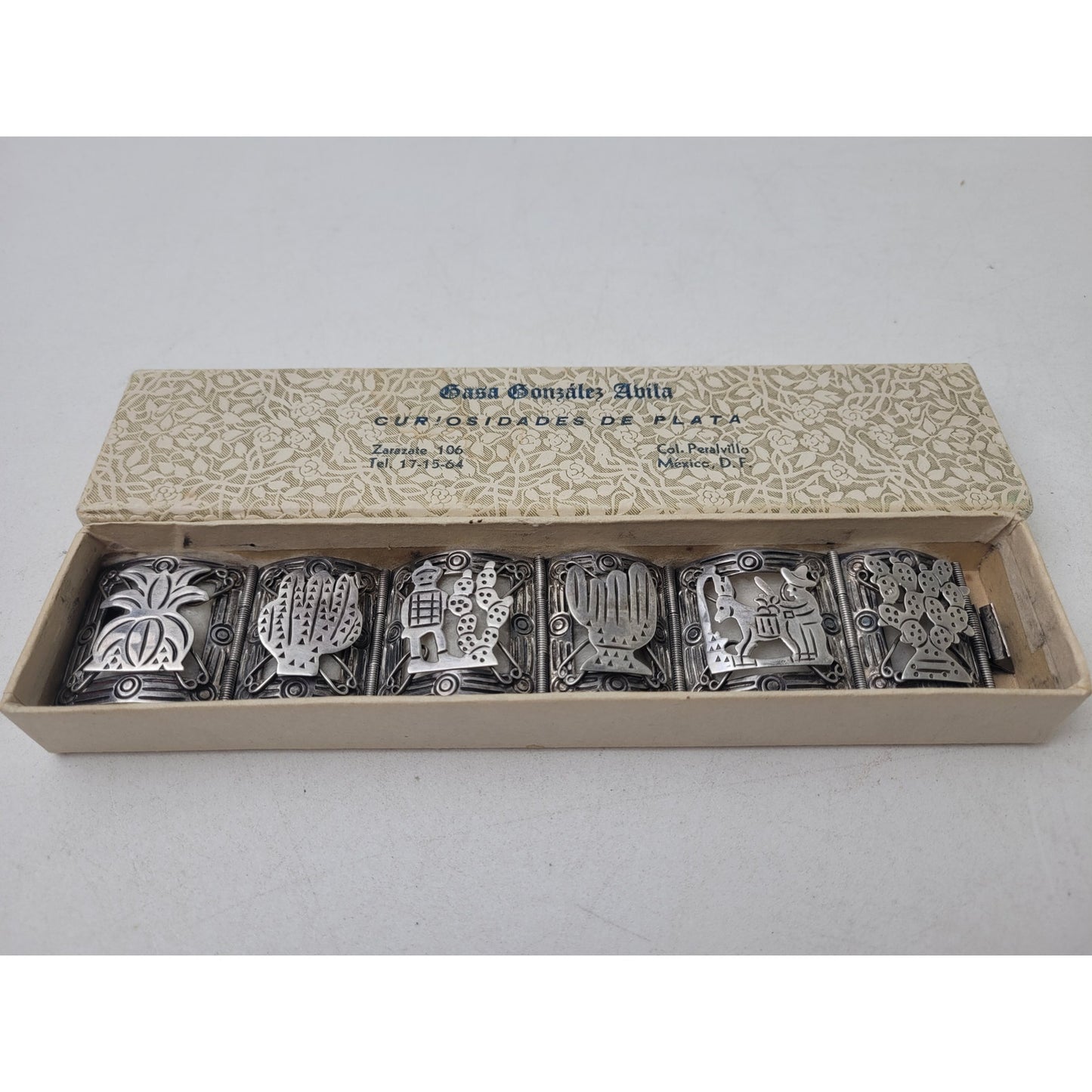 Vintage 1940s Mexican Sterling Silver Panel Bracelet in Original Box