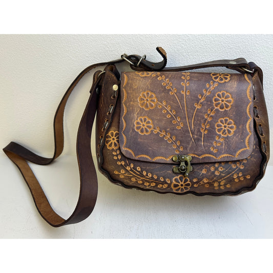 Vintage Mexican Hand-Tooled Floral Leather Crossbody Saddle Bag