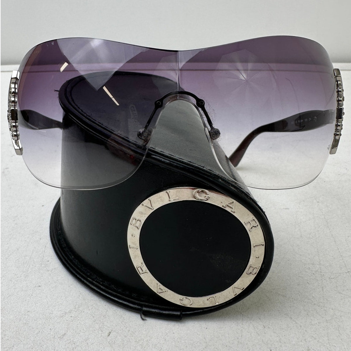 BVLGARI Crystal Rhinestone Shield Sunglasses with Leather Case