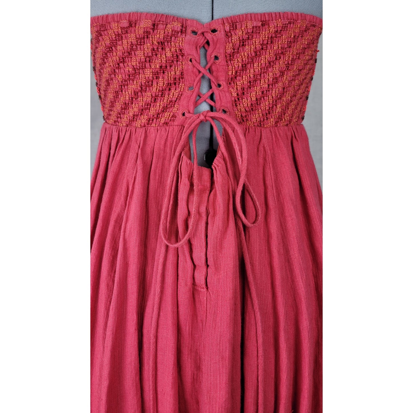 Free People Shimmers in the Sky Linen Maxi Dress Bead Embellished Bodice Sz L