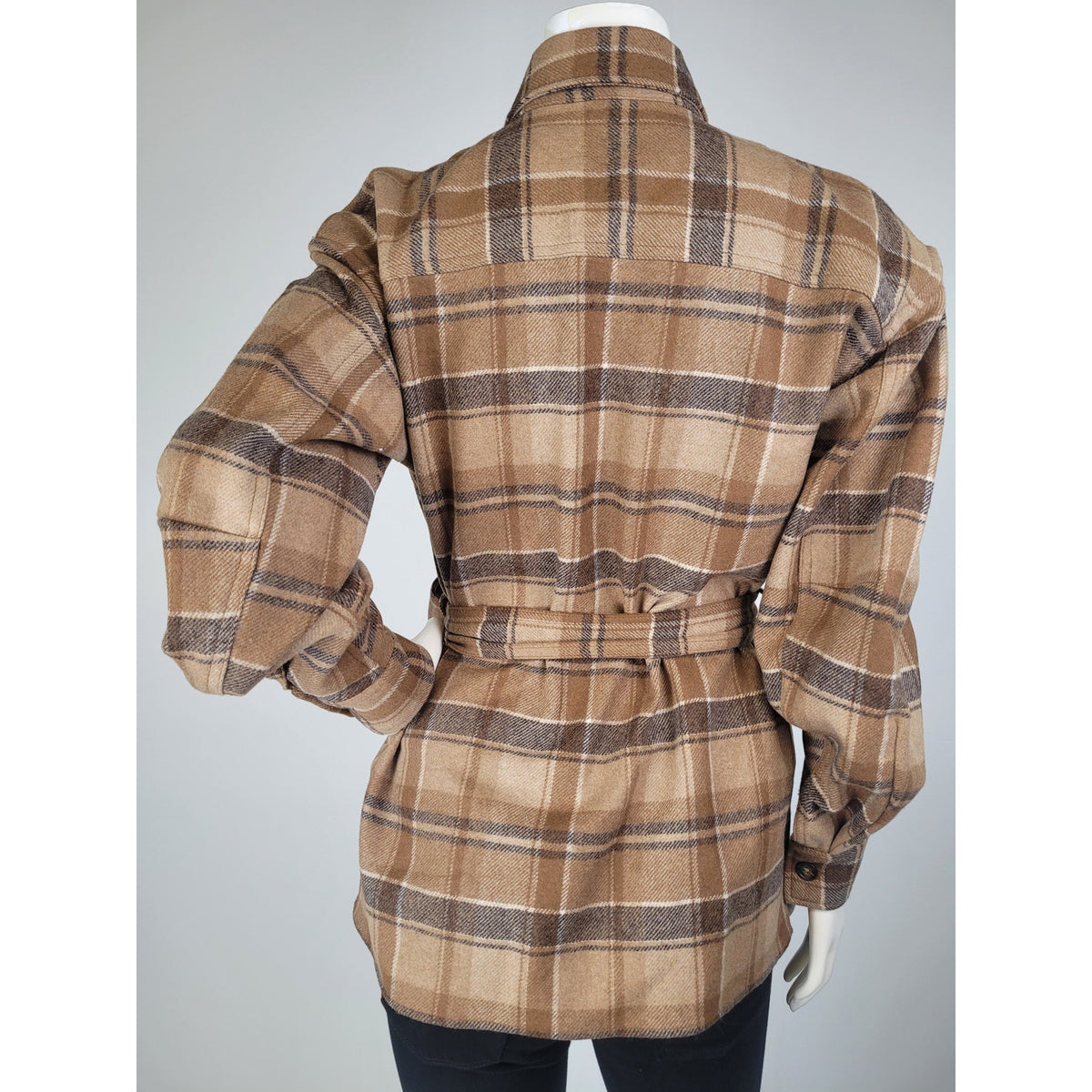 Polo Ralph Lauren Belted Wool-Blend Twill Shirt Brown Multi-Plaid Women's Sz 2