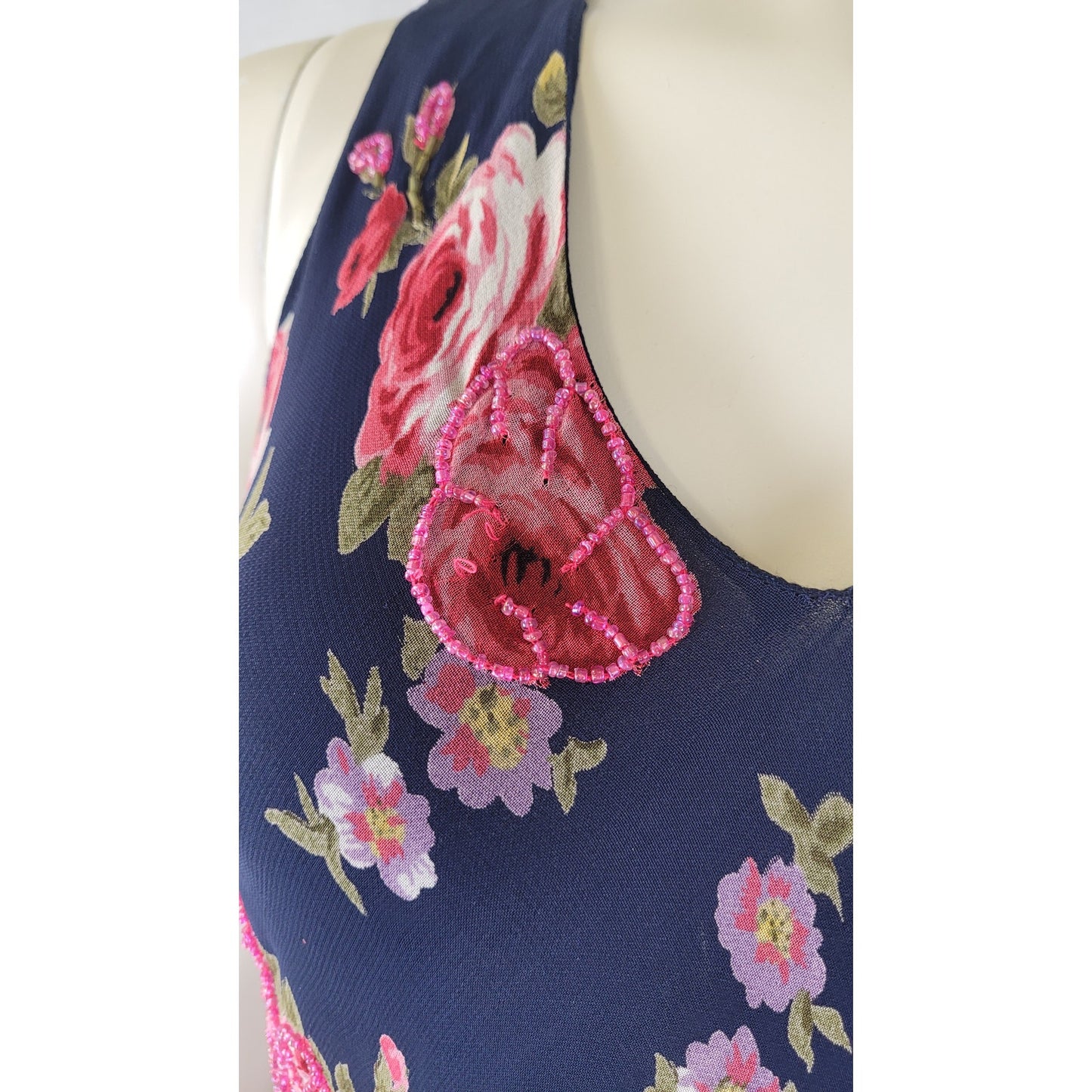 Y2K R&K Originals Bias-Cut Navy Blue Slip Dress Floral Print Beadwork Sz S/M