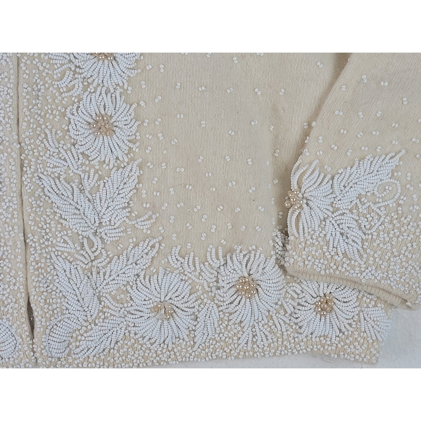 1950s Vintage Margaret's Intricately Beaded Cropped Creme White Sweater Sz XS/S