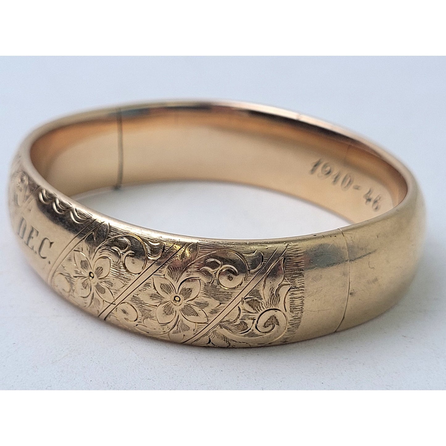 Victorian 14K Yellow GF S.B. Co. Hinged Bangle Bracelet w Floral Etching