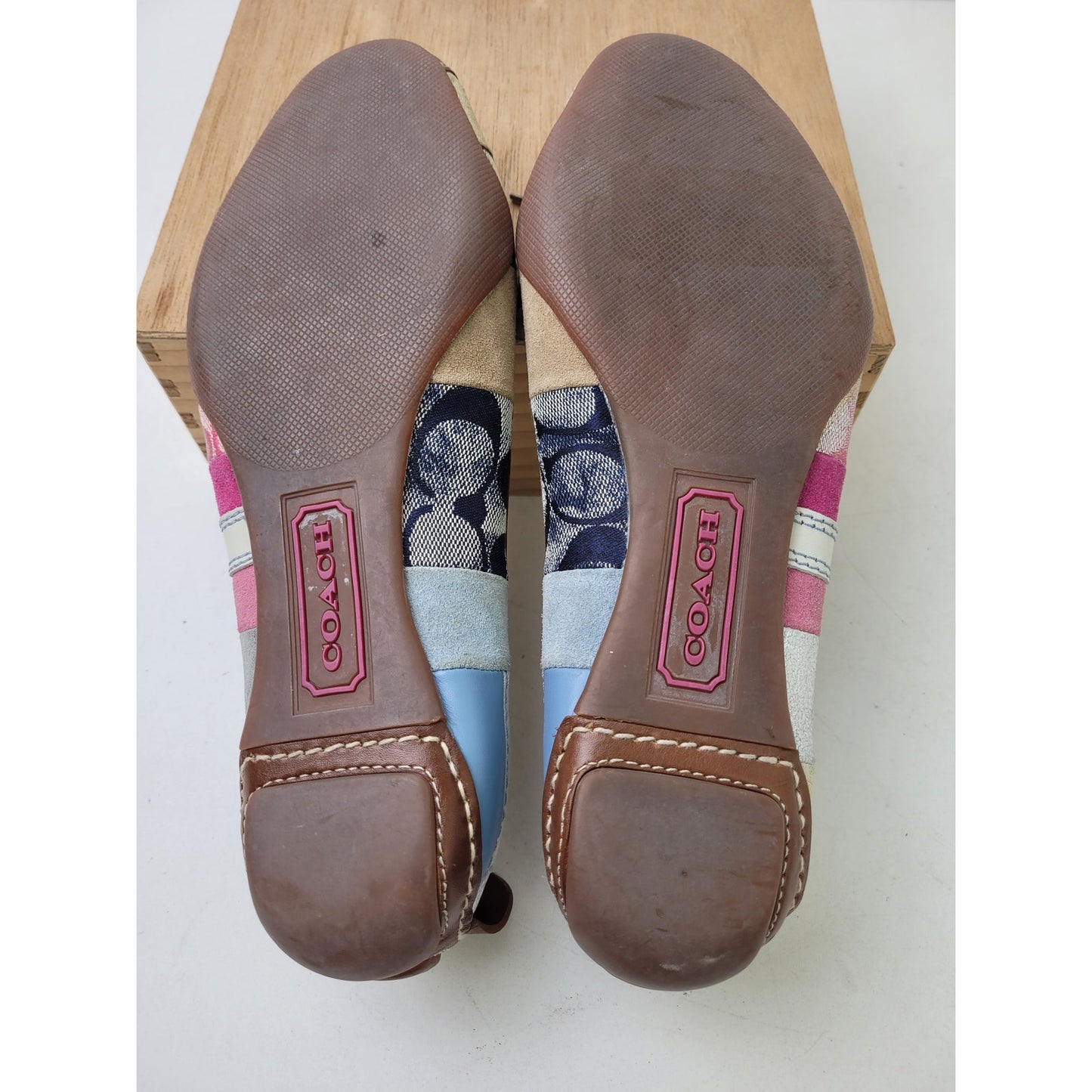 Coach Jenilee Brown Blue Pink Patchwork Ballet Flats Leather Insole Sz 8.5
