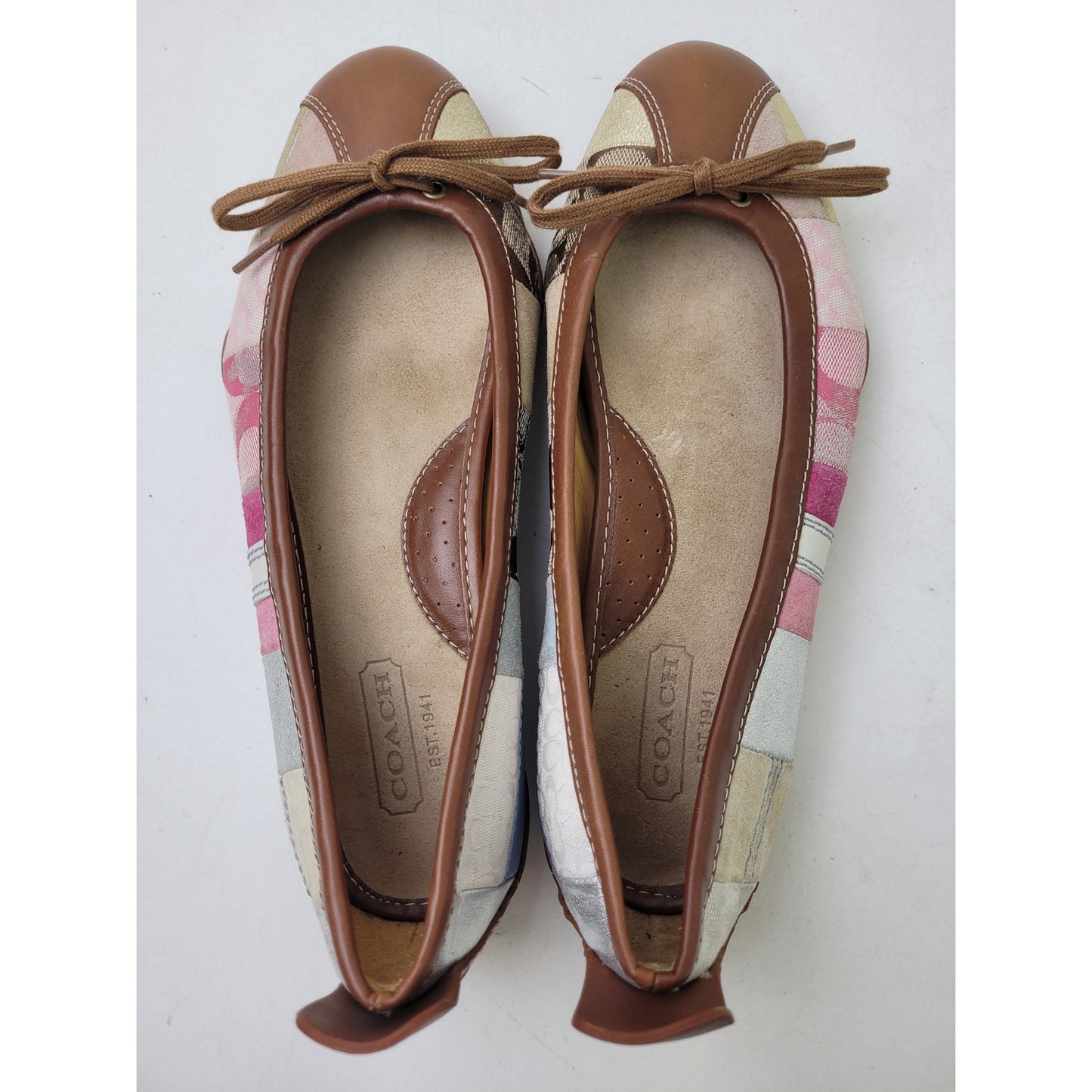 Coach Jenilee Brown Blue Pink Patchwork Ballet Flats Leather Insole Sz 8.5