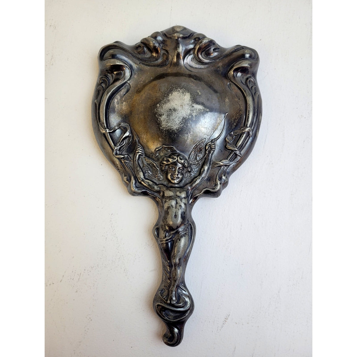 Antique Art Nouveau Silver-Plated Hand-Held Vanity Mirror Cupid & Arrow Design