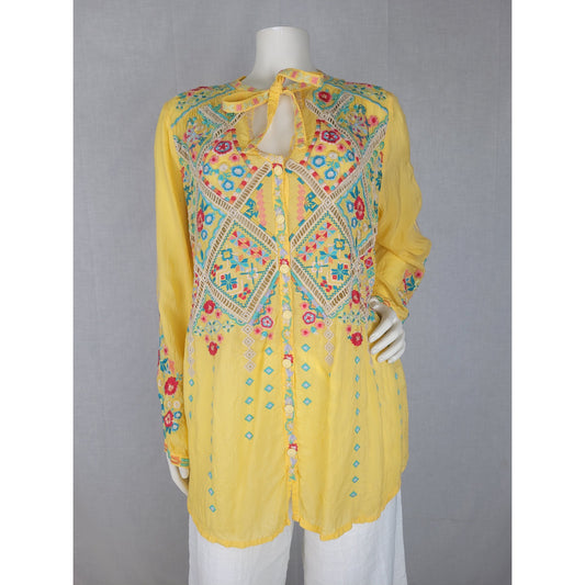 Johnny Was Arges Embroidered Georgette Blouse Women's Sz S