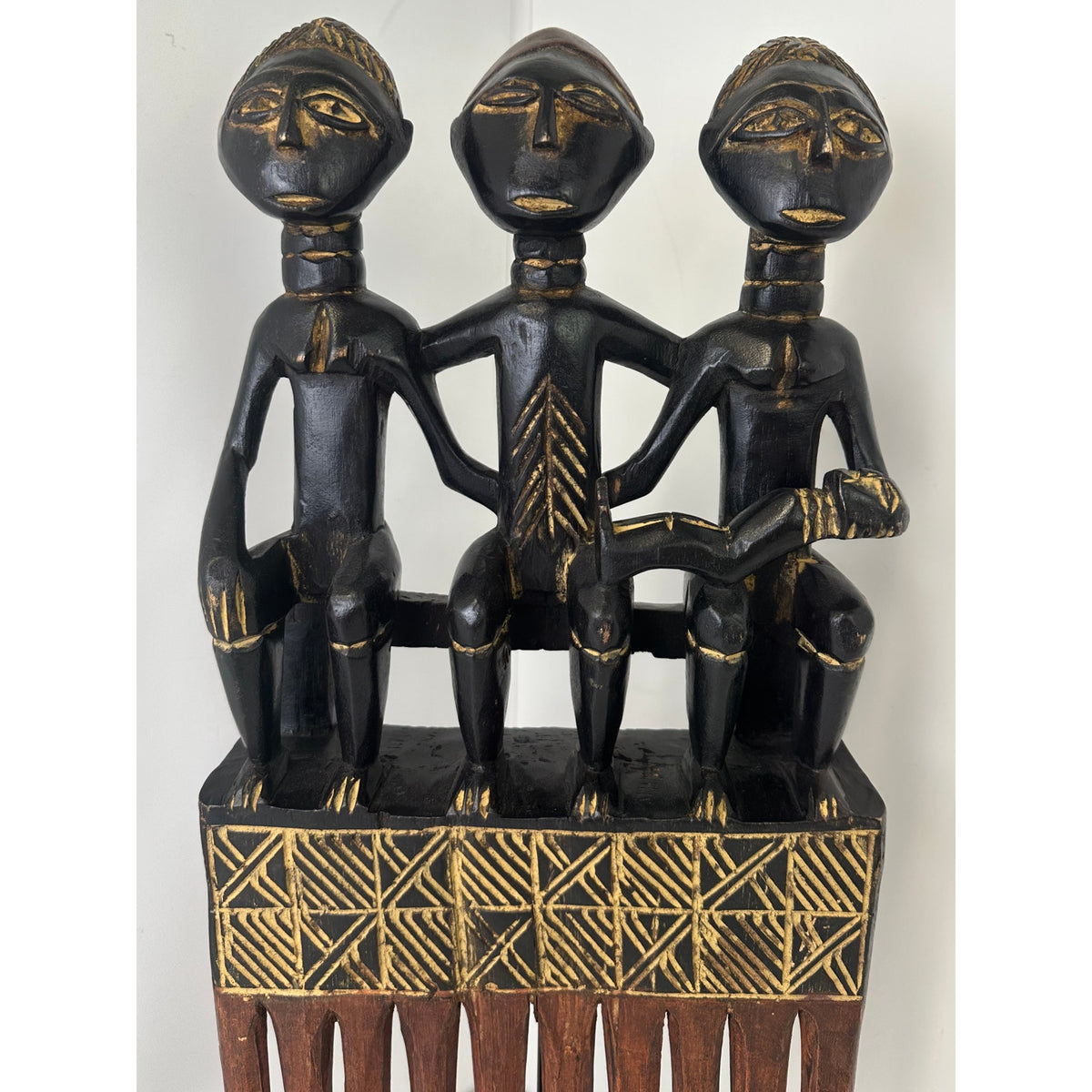 Hand-Carved Wood Triple Ashanti Prestige Comb on Stand