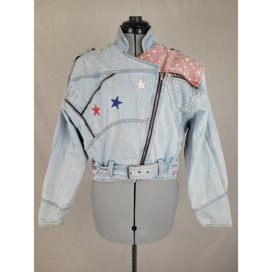 1980s VTG Cropped Denim Moto Jacket Stars Stripes Sz S/M