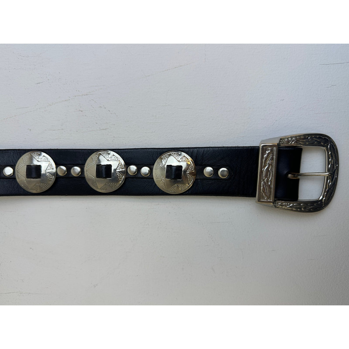 Vintage Black Leather Star Concho Belt Made in USA