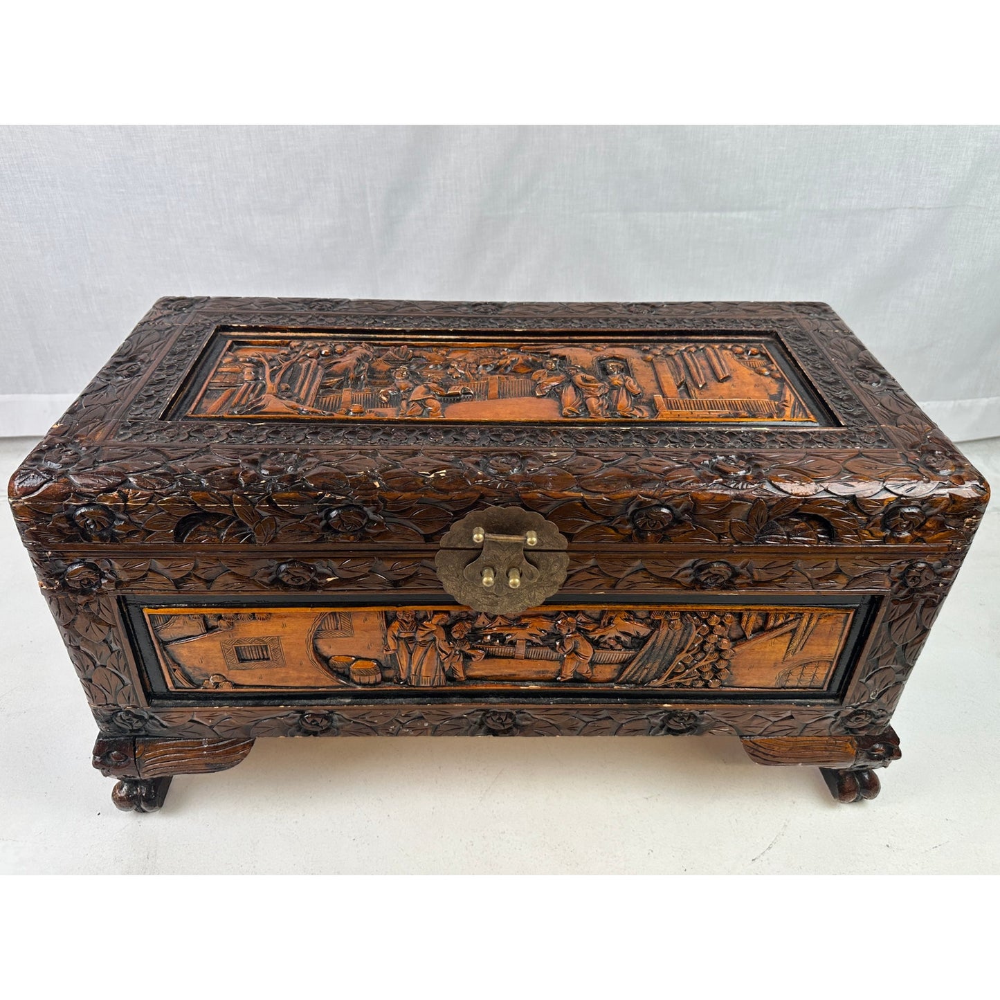 Vintage Hand-Carved Asian Wood Storage Chest
