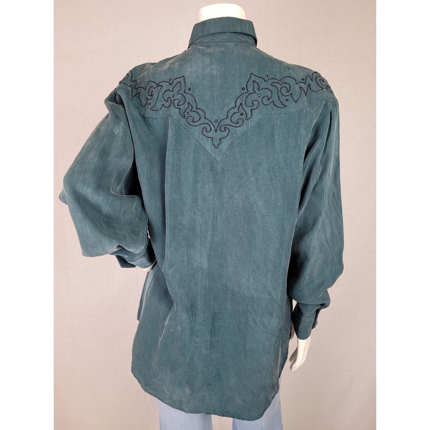 Vintage Rodeo Queen Emerald Green Silky Button-up Blouse with Embroidery Sz M
