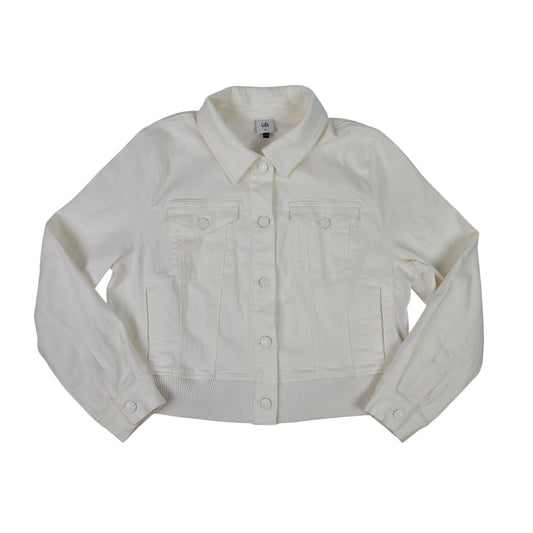 Cabi Everyday Trucker Jacket White Stretch Denim Ribbed Knit Hemline Sz XL