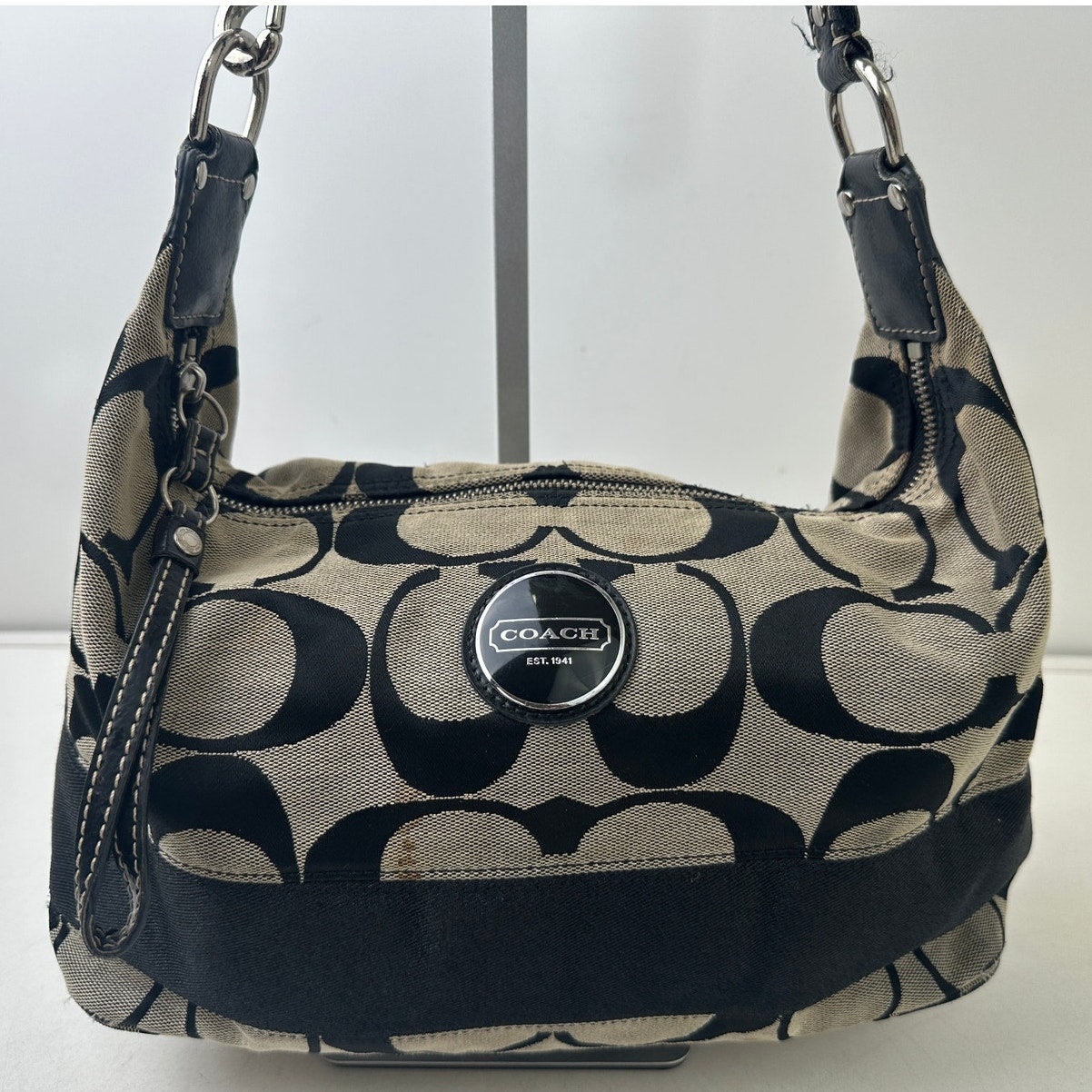 Vintage Coach Signature Stripe Black/Gray Hobo Bag