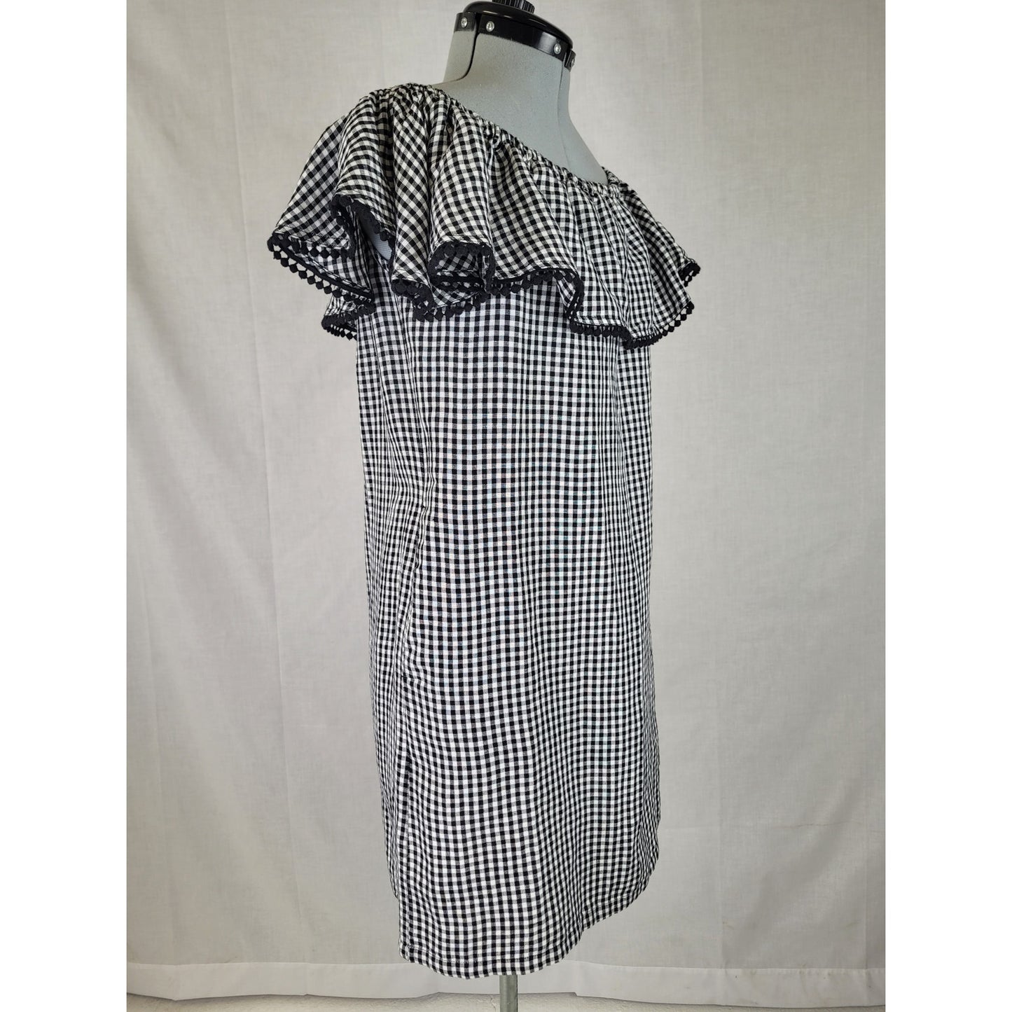 Tommy Bahama Gingham Of-The-Shoulder Ruffle Dress Black & White Linen Blend Sz S