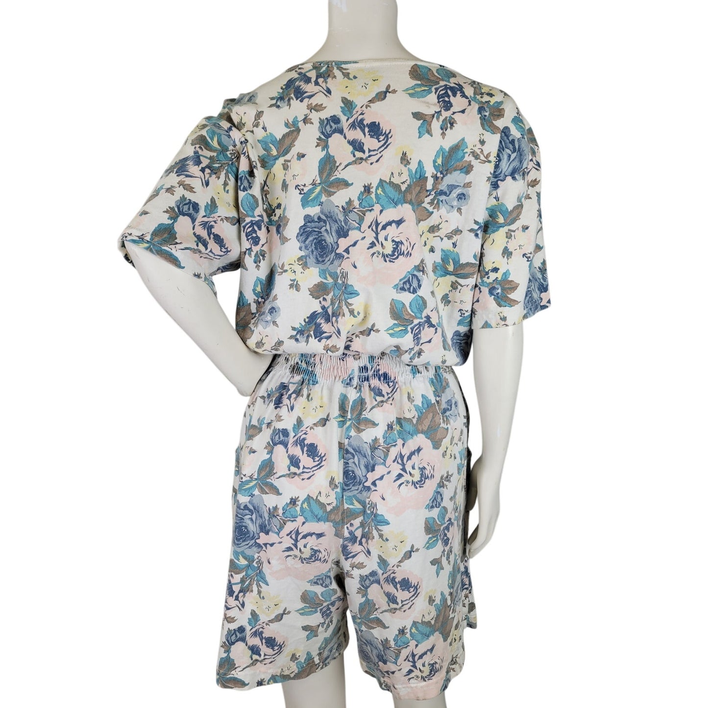1990s Action Gear Pastel Flower Print Cotton Jersey Romper Women's Sz M/L