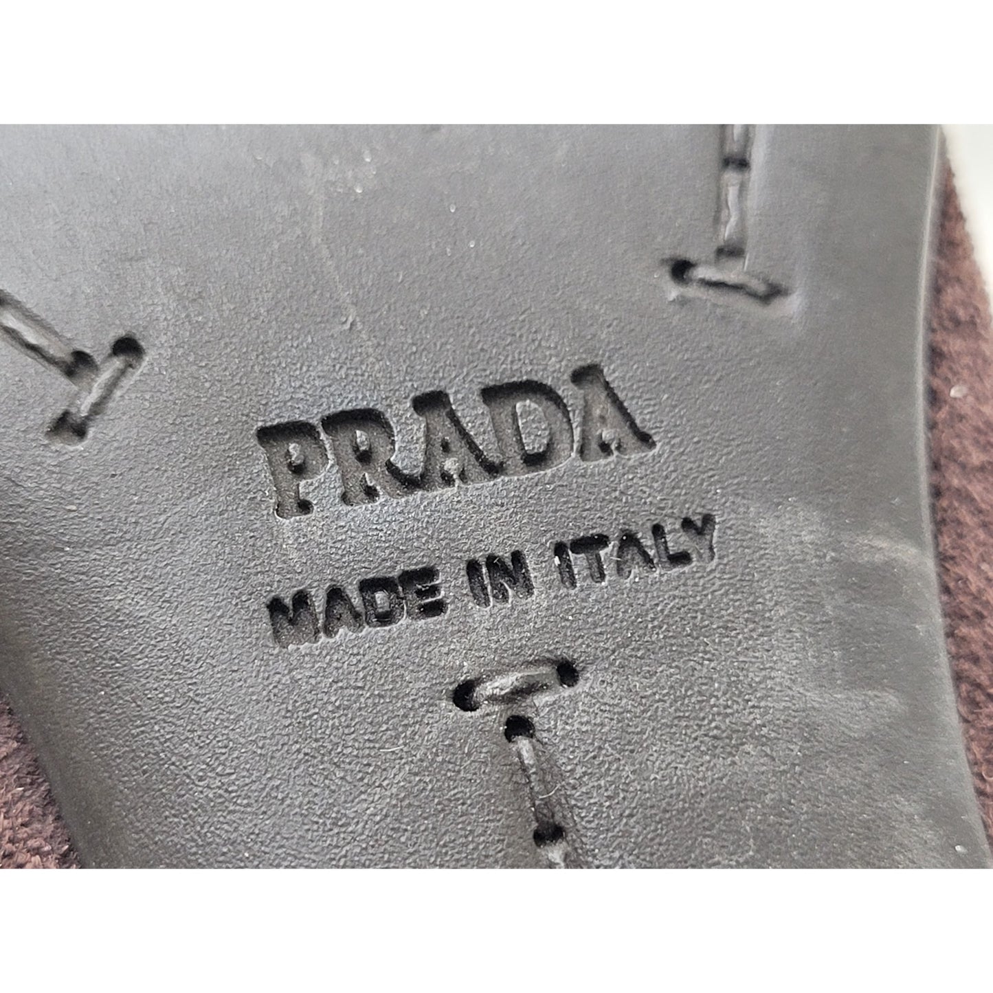 VTG PRADA Brown Suede Leather Mules Contrast Stitching Silver Hardware Sz 37.5