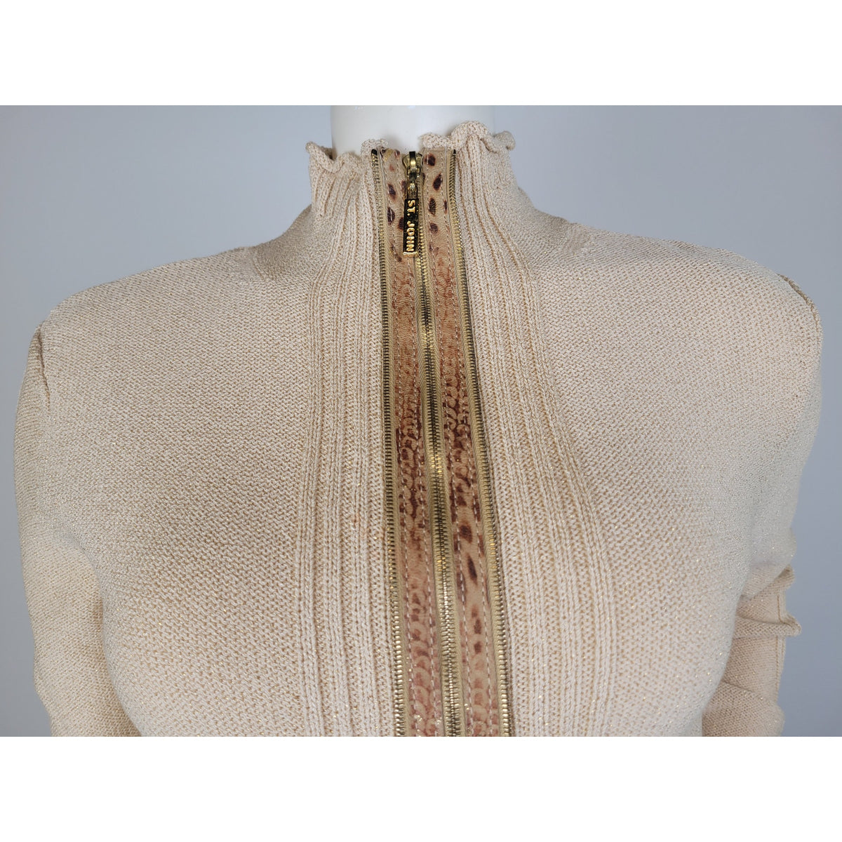 St. John Sport Full-Zip Cardigan Sweater Animal Print Trim Gold Hardware Sz S