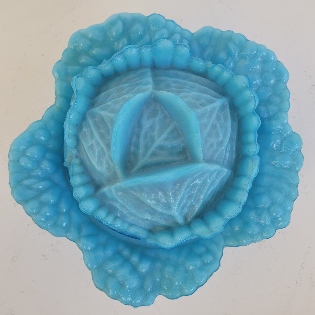 Vintage French Opaline Glass Portieux Vallerysthal Cabbage-Shaped Covered Bowl