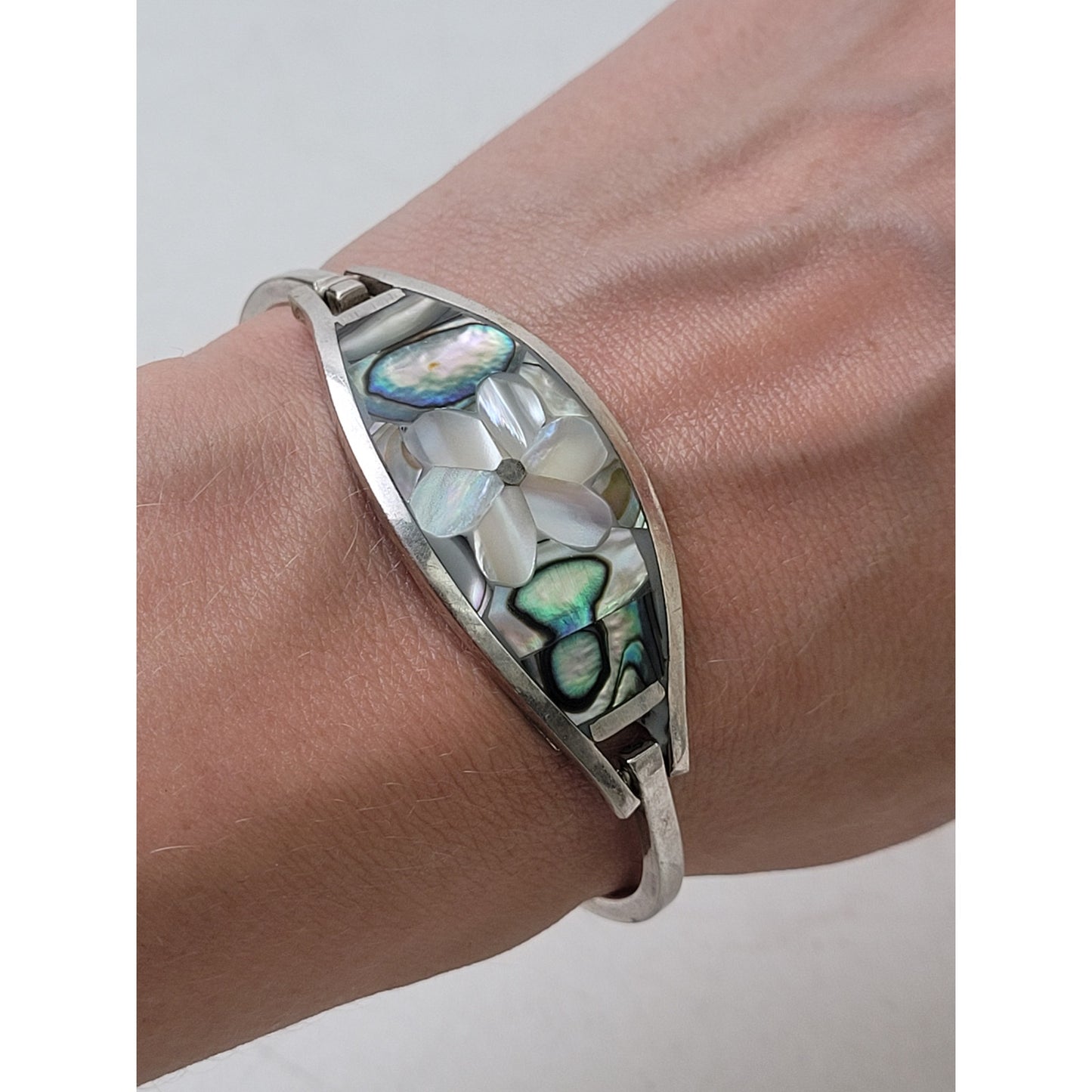 Sterling Silver Flower Design Abalone Shell Bracelet | 6 1/2" | Made in Mexico