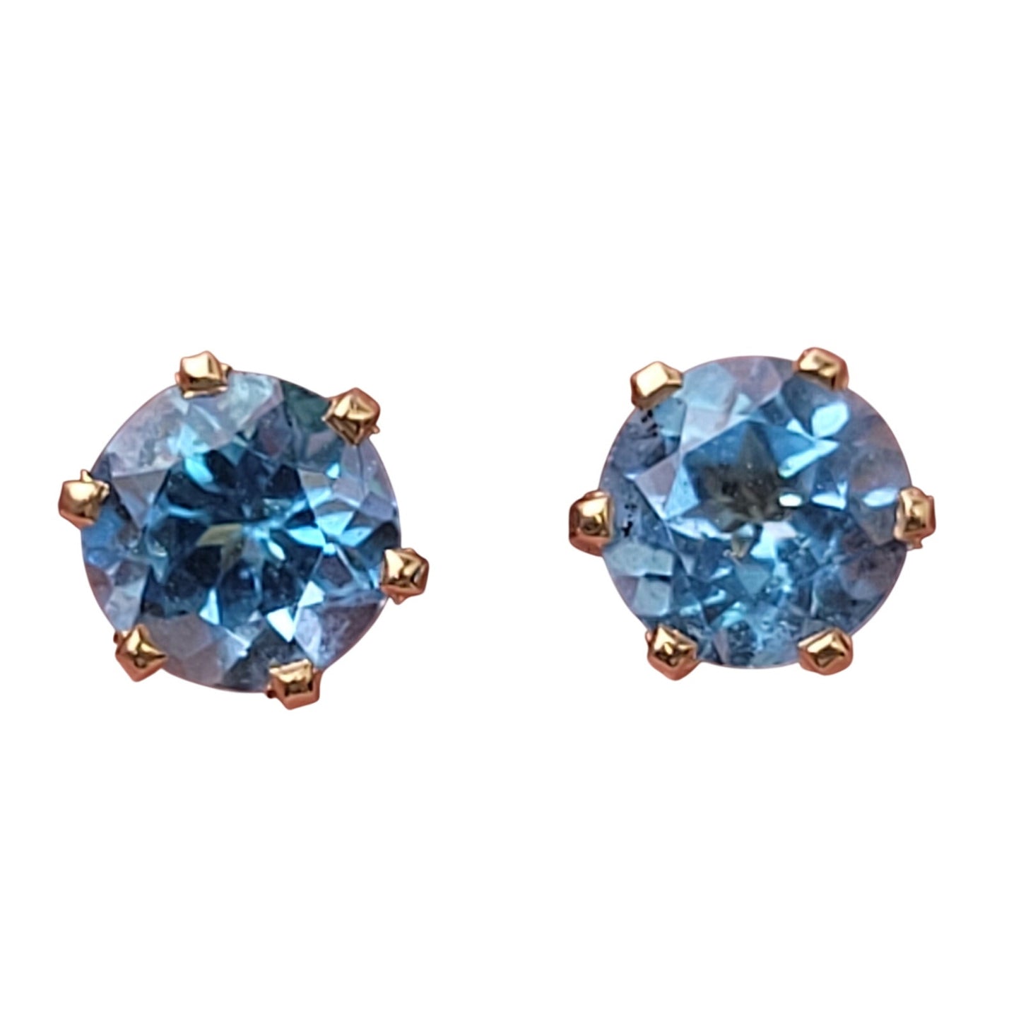 Classic Blue Topaz 6mm Stone w Six-Prong 14K Gold Setting Stud Earrings